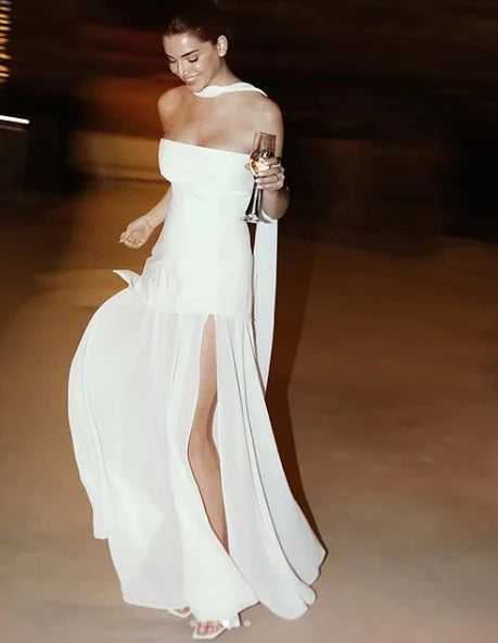 Classy A Line Strapless White Chiffon Satin Long Evening Dress Prom Dresses DP2372