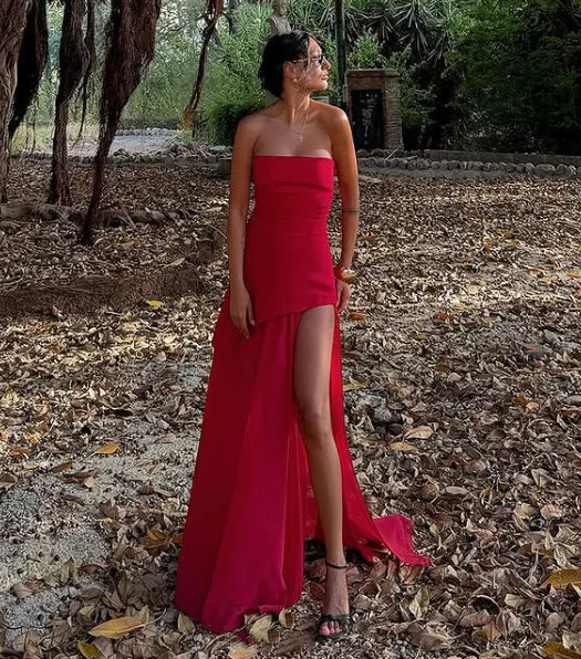 Classy A Line Strapless White Chiffon Satin Long Evening Dress Prom Dresses DP2372