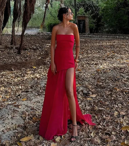 Classy A Line Strapless White Chiffon Satin Long Evening Dress Prom Dresses DP2372