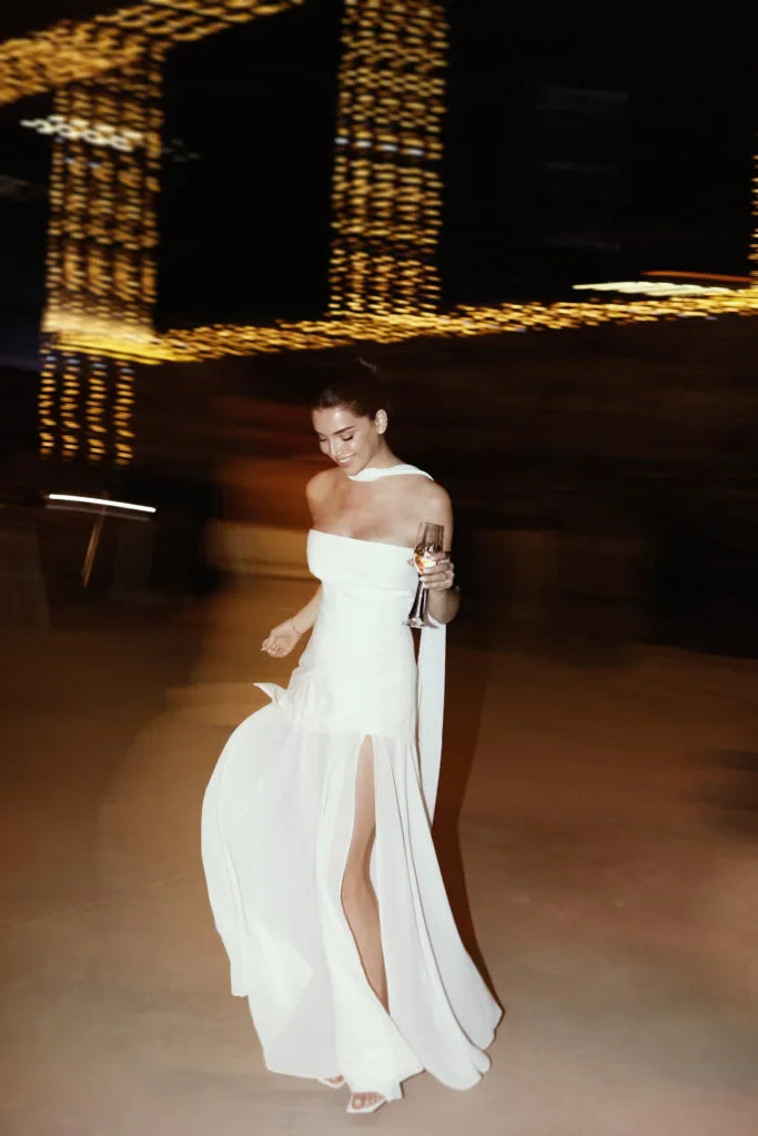 Classy A Line Strapless White Chiffon Satin Long Evening Dress Prom Dresses DP2372
