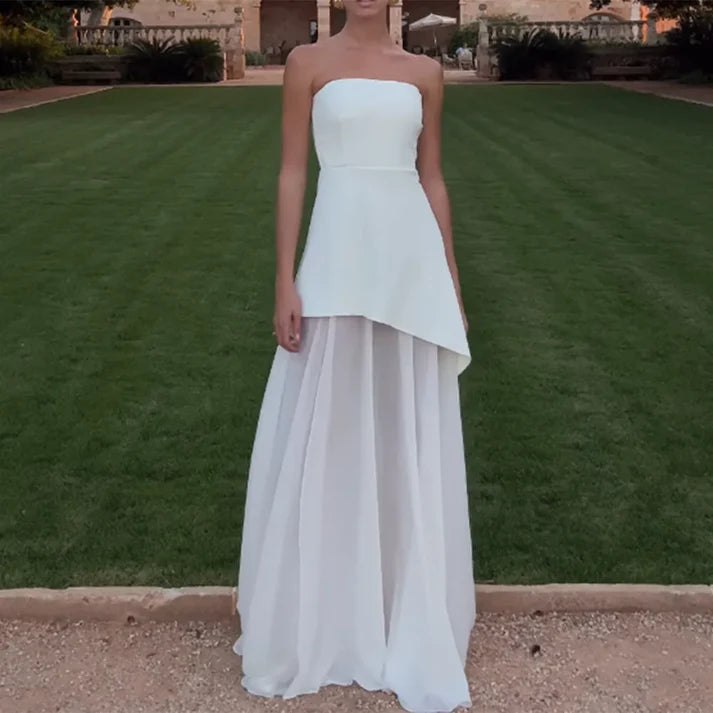 Classy A Line Strapless White Chiffon Satin Long Evening Dress Prom Dresses DP2372