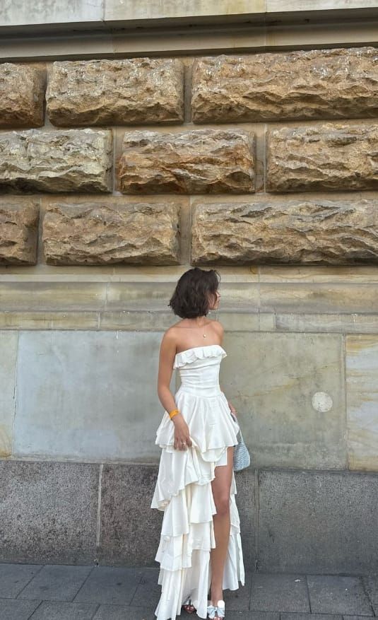 Gorgeous A Line Strapless Tiered Ivory Satin Long Prom Dresses Formal Evening Dress DP2378