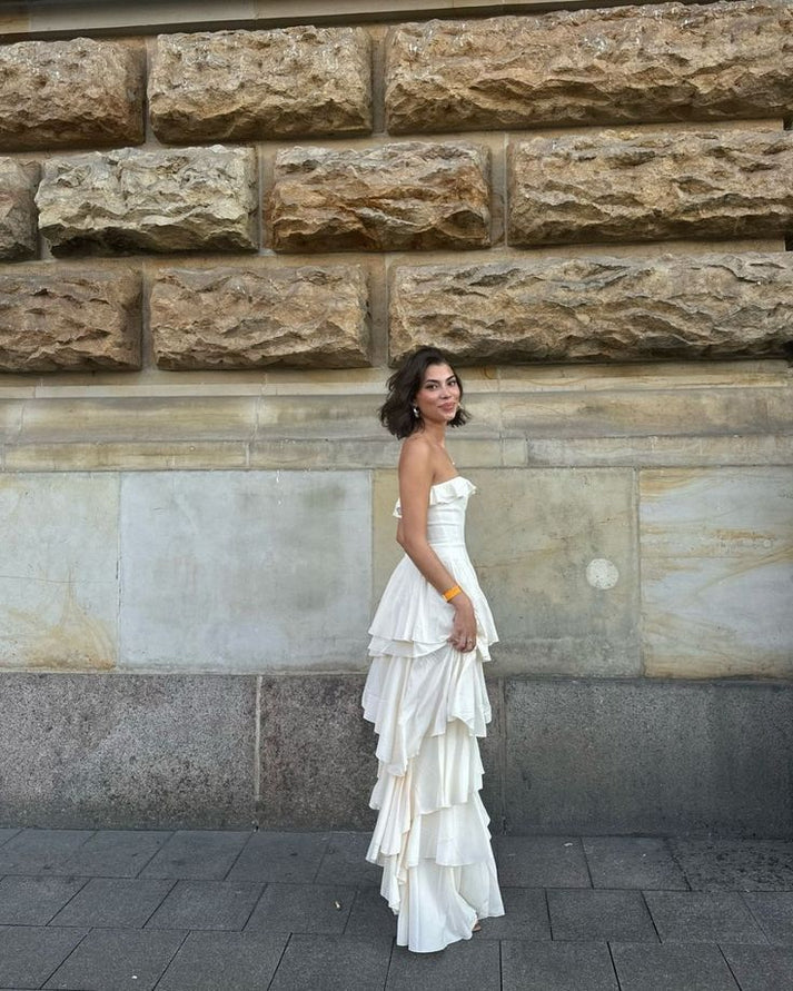 Gorgeous A Line Strapless Tiered Ivory Satin Long Prom Dresses Formal Evening Dress DP2378