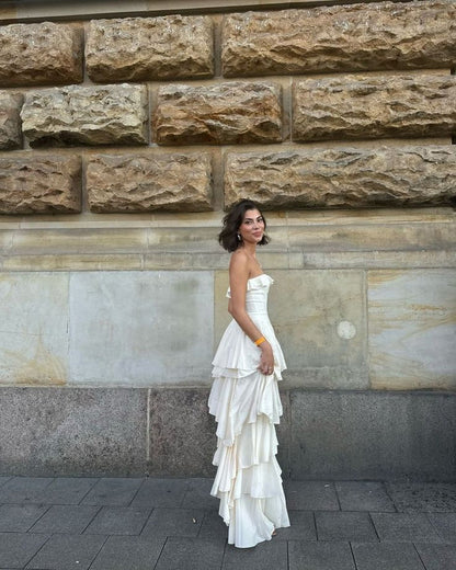 Gorgeous A Line Strapless Tiered Ivory Satin Long Prom Dresses Formal Evening Dress DP2378