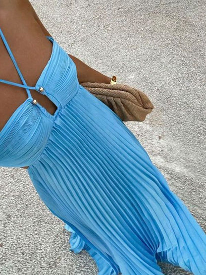 Sexy A Line Spaghetti Straps Blue Pleated Satin Backless Prom Dresses Long Party Dress DP2376