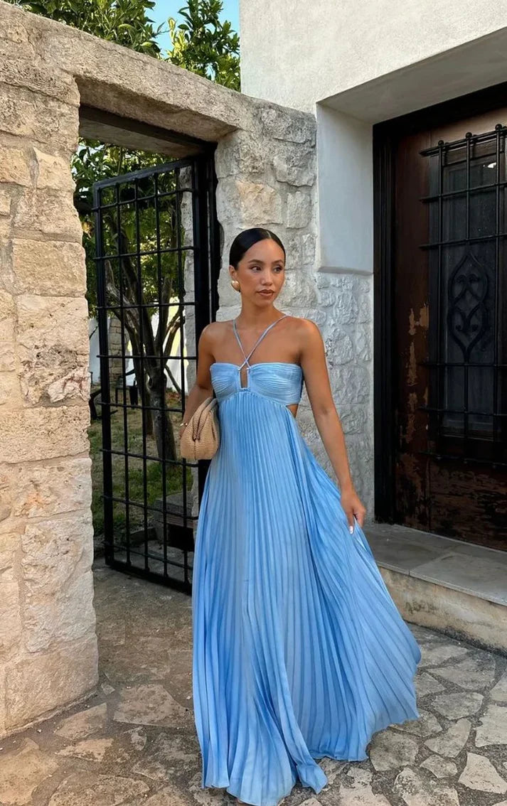 Sexy A Line Spaghetti Straps Blue Pleated Satin Backless Prom Dresses Long Party Dress DP2376
