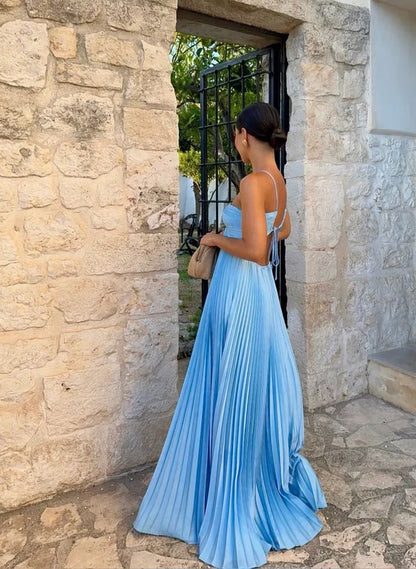 Sexy A Line Spaghetti Straps Blue Pleated Satin Backless Prom Dresses Long Party Dress DP2376