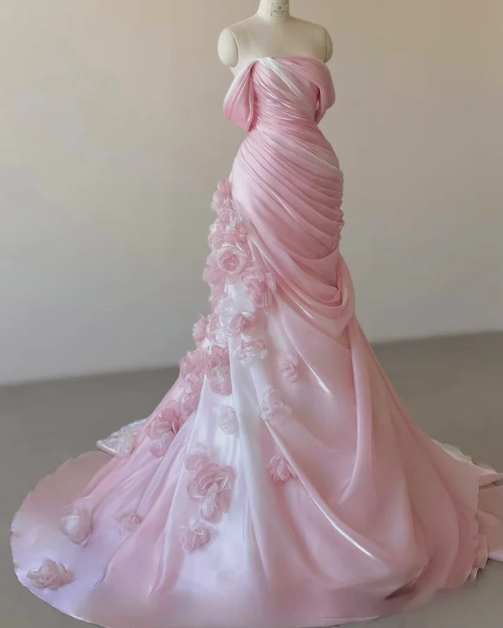 Sexy Mermaid Strapless Pink Long Floral Organza Prom Dresses Party DP2373
