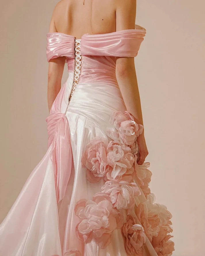 Sexy Mermaid Strapless Pink Long Floral Organza Prom Dresses Party DP2373