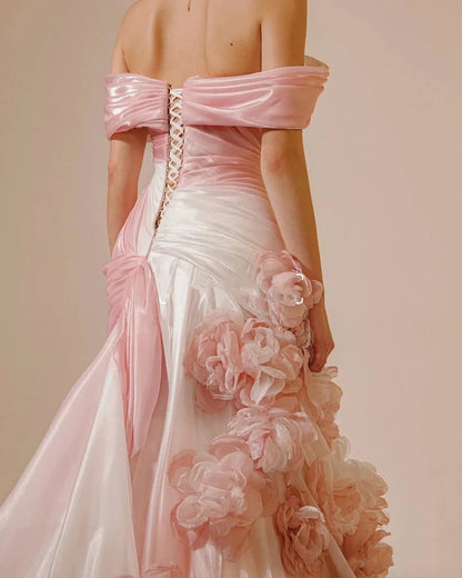Sexy Mermaid Strapless Pink Long Floral Organza Prom Dresses Party DP2373