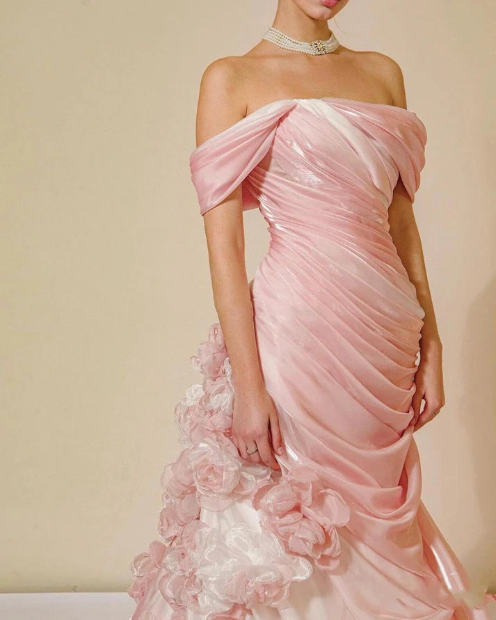 Sexy Mermaid Strapless Pink Long Floral Organza Prom Dresses Party DP2373