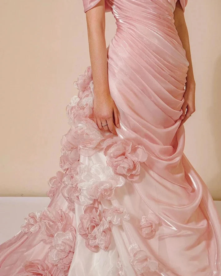 Sexy Mermaid Strapless Pink Long Floral Organza Prom Dresses Party DP2373