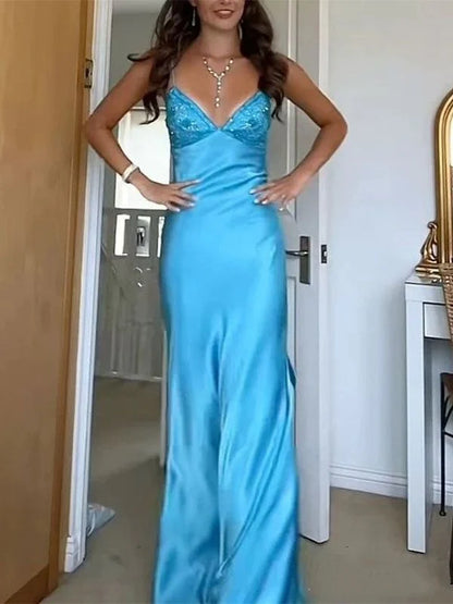 Classy Spaghetti Strap Sleeveless Mermaid Satin Long Backless Prom Dresses DP3247