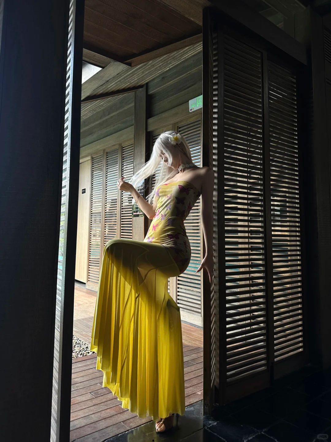 Yellow Mermaid Strapless Butterfly Print Chiffon Vacation Dress Outfits DP3844