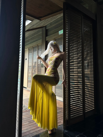 Yellow Mermaid Strapless Butterfly Print Chiffon Vacation Dress Outfits DP3844