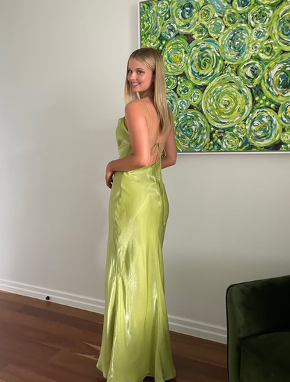 Simple Green Sheath Spaghetti Strap Satin Prom Dress Evening Dress DP5506