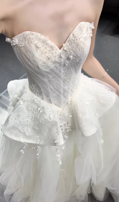 Fairy Ball Gown Strapless White Appliques Tulle Long Wedding Dress DP7867