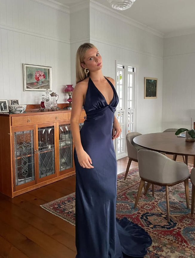 Navy Blue Sheath V Neck Satin Open Back Long Sweep Prom Dress Graduation Prom Dress DP2166