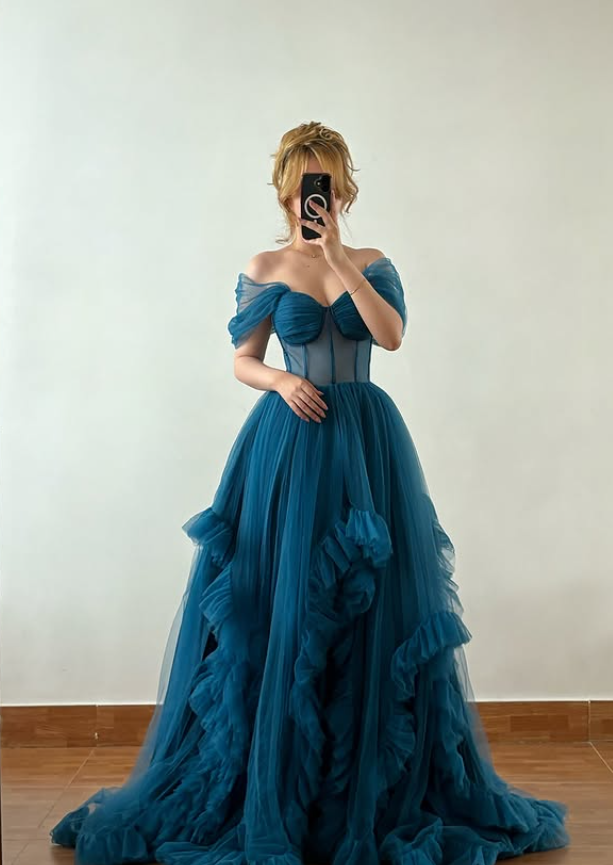 Peacock Blue A Line Off the Shoulder Tulle Prom Dress Evening Dress DP6040
