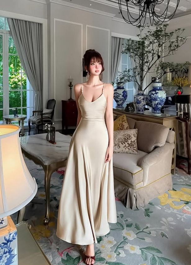 Simple Apricot A Line Spaghetti Strap Satin Prom Dress Evening Dress DP6137