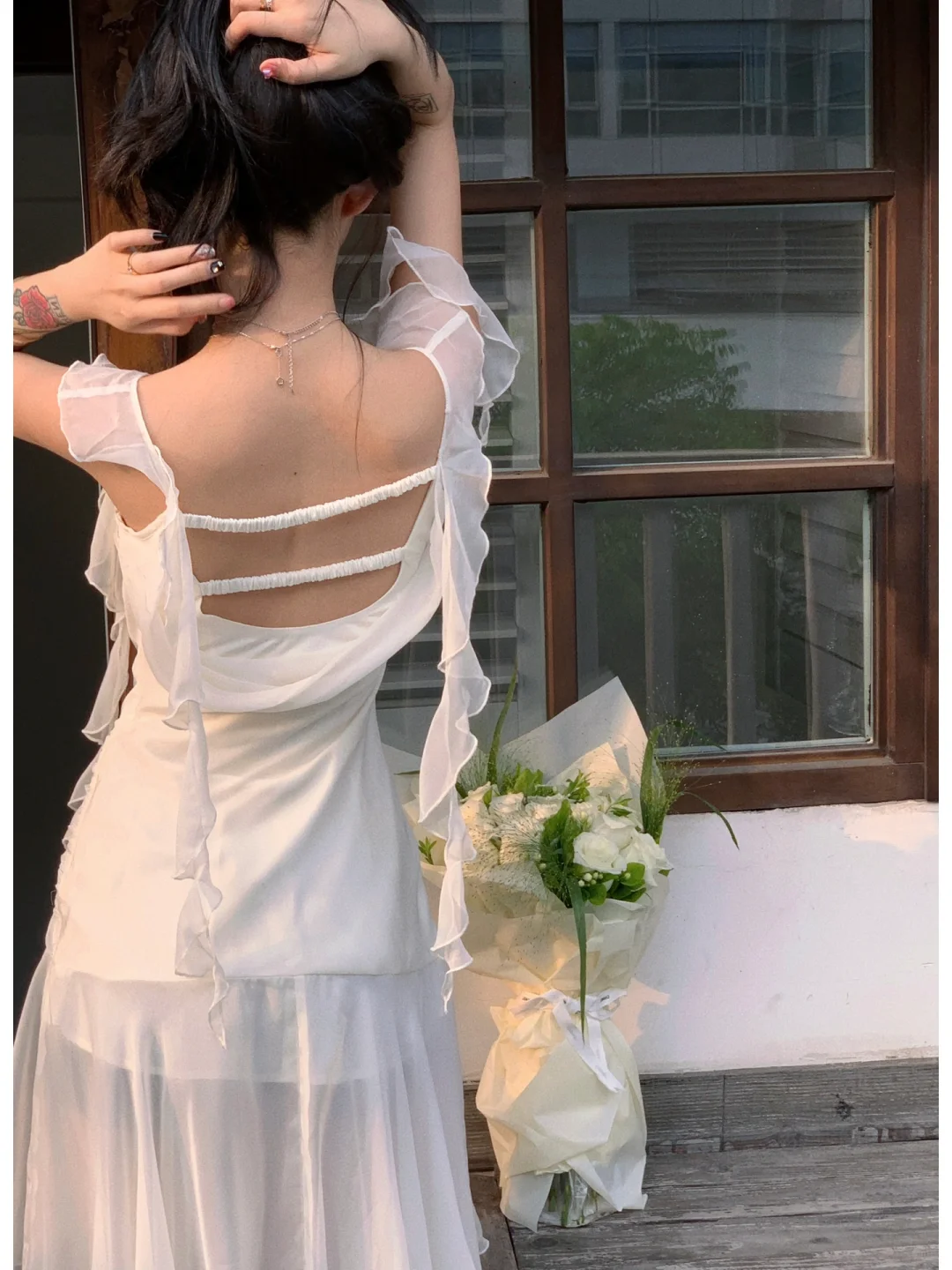 Flowy Ivory Ruffle Chiffon A Line Straps Prom Dress Evening Dress DP5766