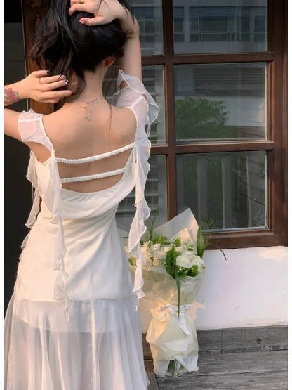 Flowy Ivory Ruffle Chiffon A Line Straps Prom Dress Evening Dress DP5766