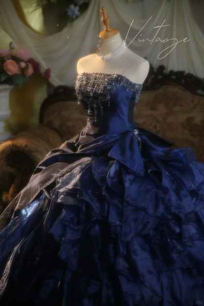 Vintage Ball Gown Strapless Beaded Layered Navy Blue Satin Prom Dress 16th Birthday Dress DP4141