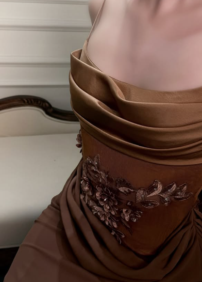 Caramel Sheath Spaghetti Strap Appliques Satin Long Prom Dress Evening Dress DP7921