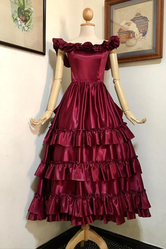 Burgundy Satin Off The Shoulder Ruffles Prom Dress DP234