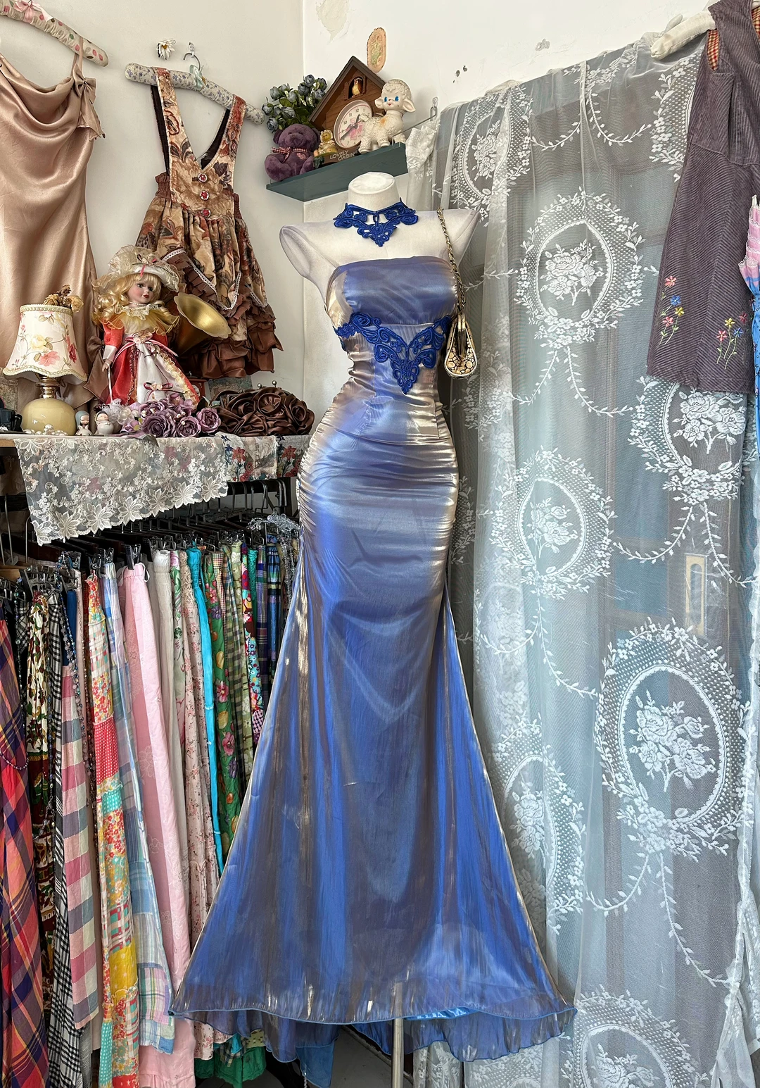 Vintage Mermaid Strapless Applique Blue Satin Tulle Prom Dress Evening Dress DP8254