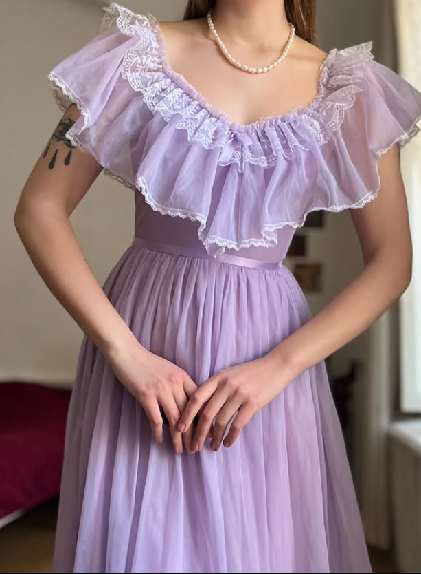 Vintage A Line Off the Shoulder Lilac Tulle Prom Dress Evening Dress Date Dress DP5708