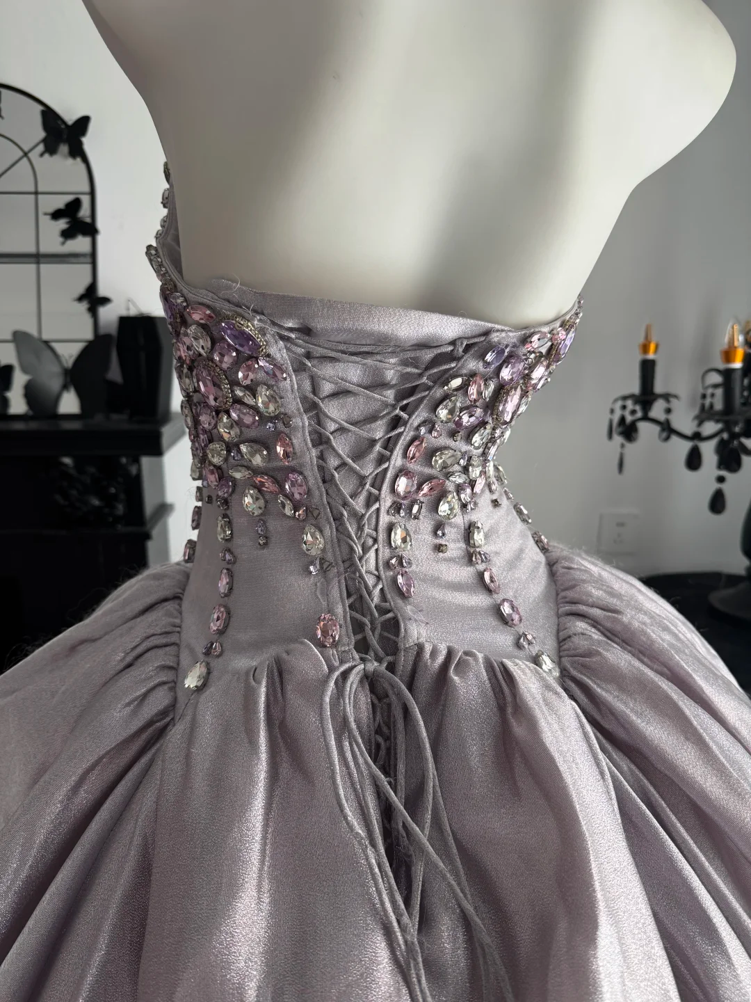 Light Purple Ball Gown Strapless Beaded Satin Prom Dress Quinceanera Dress DP6970