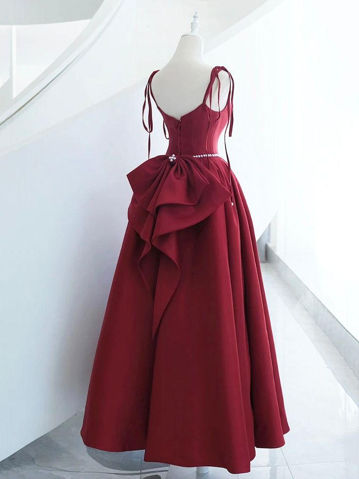 Burgundy Satin Long Prom Dress, A-Line Evening Dress With Bow  DP103