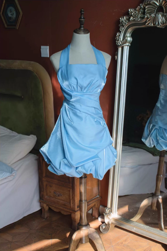 Cute Navy Blue A Line Halter Pleated Satin Open Back Short Homecoming Dress Outfits DP4700