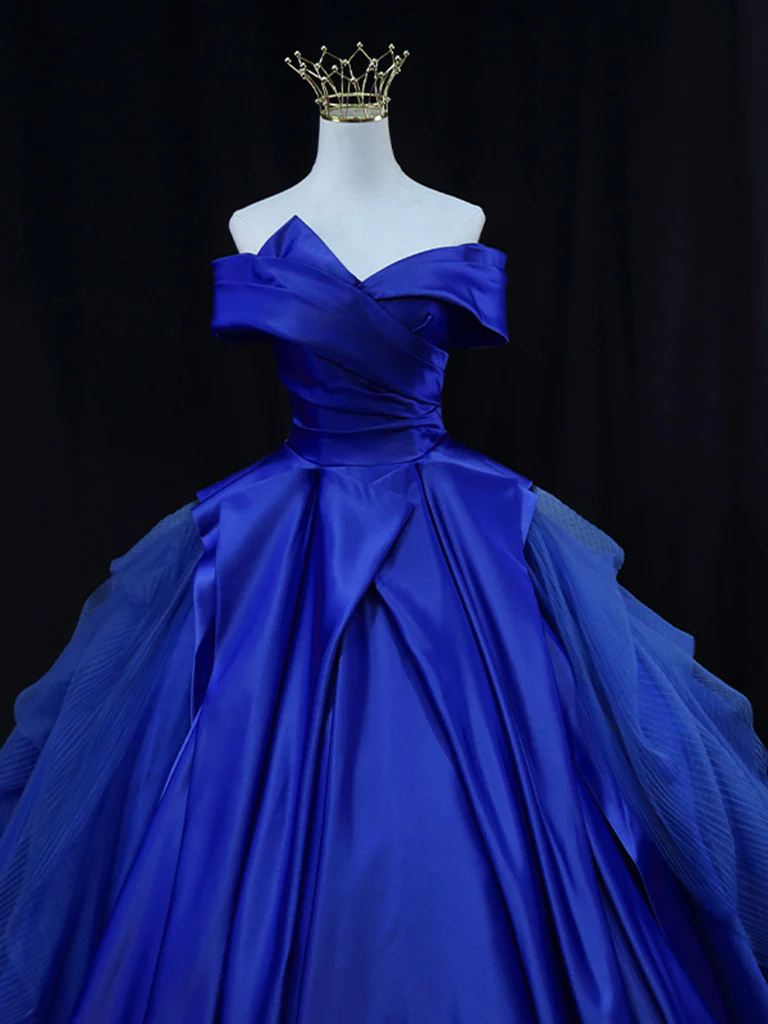 Off The Shoulder Tulle Satin Blue Long Prom Dress Formal Ball Gown DP039