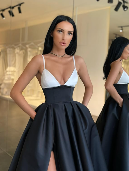 Classic Black-white A Line Spaghetti Strap Satin Slit Prom Dress Evening Dress DP5400