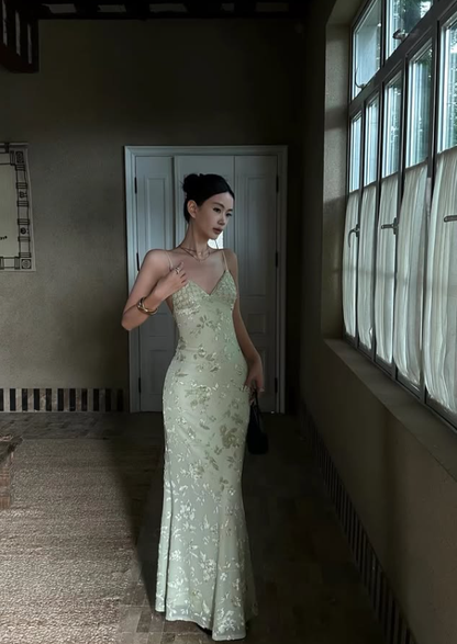 Sage Green Sheath Spaghetti Strap Beaded Print Satin Backless Prom Dress Evening Dress DP7935