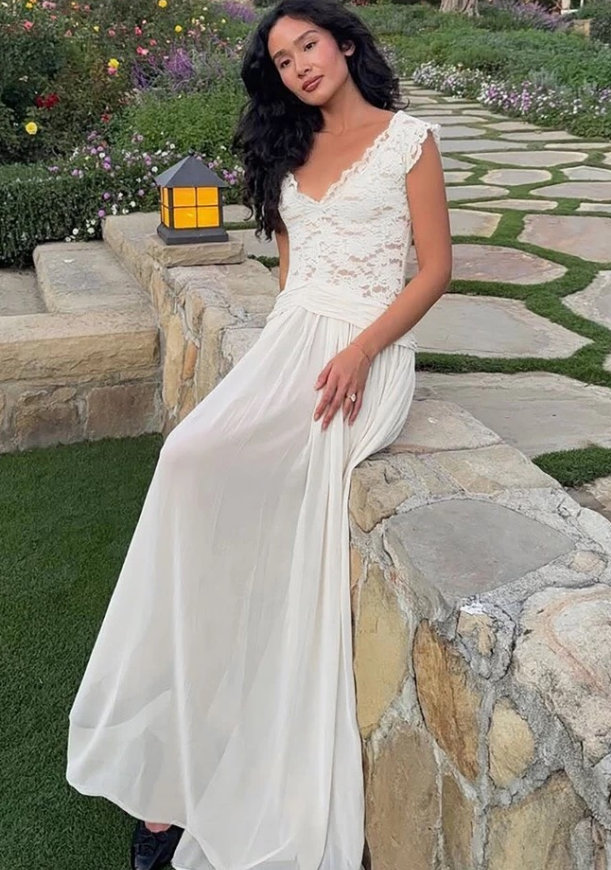 Elegant White A Line V Neck Lace Chiffon Long Prom Dress Evening Prom Dress DP4890