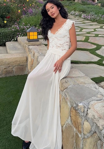 Elegant White A Line V Neck Lace Chiffon Long Prom Dress Evening Prom Dress DP4890