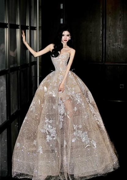 Shiny Ball Gown Strapless Feather Champagne Sequin Prom Dress Quinceanera Dress DP6605