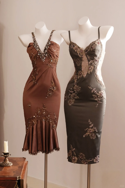 Vintage Brown Mermaid Halter Beaded Satin Short Prom Dress Homecoming Dress DP5449