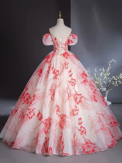 Beautiful Printing Chiffon Prom Dress Off the Shoulder Ball Gown Party Dress DP311