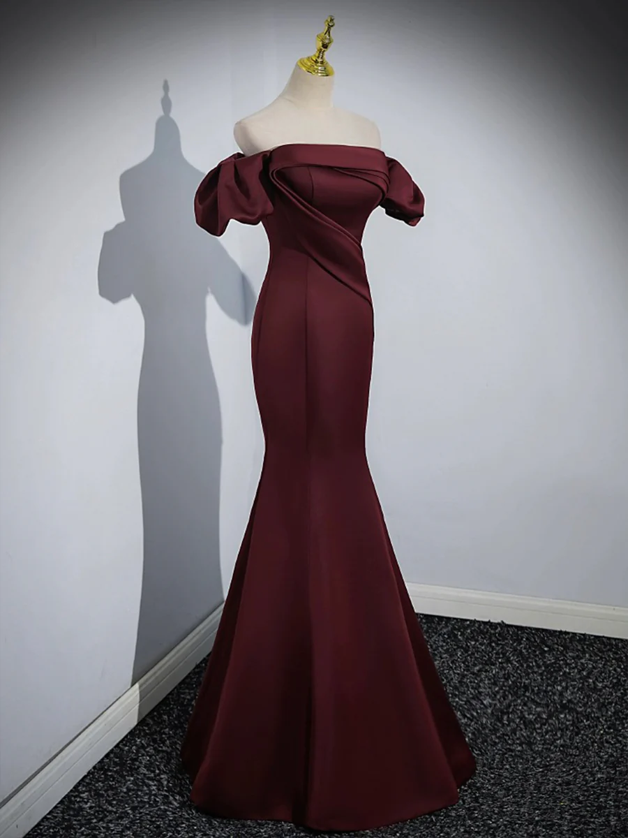 Burgundy Long Prom Dress Mermaid Off the Shoulder Evening Party Dress DP260