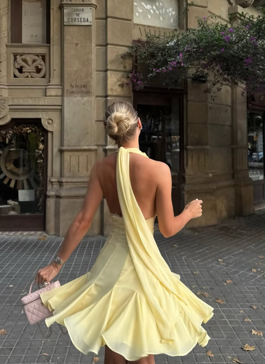 Yellow A Line Halter Lace Chiffon Open Back Short Homecoming Dress Outfits DP3482