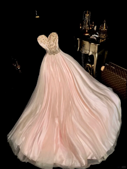 Stunning Pink A Line Sweetheart Neck Beaded Tulle Satin Prom Dress Party Evening Dress DP5339