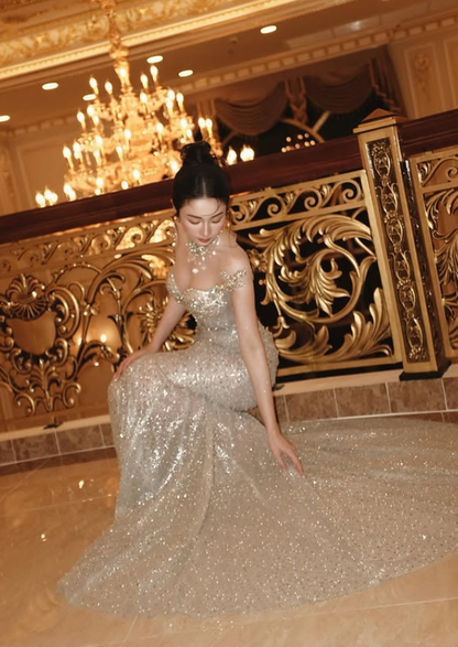 Shiny Mermaid Straps Exquisite Champagne Sequin Long Sweep Prom Dress DP4387