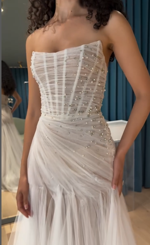 Stunning Mermaid Strapless Beaded Pearl Corset Tulle Satin Long Wedding Dress DP4308