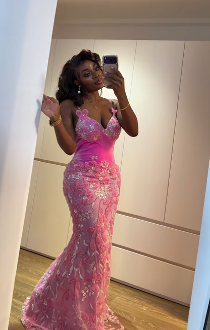 Pink Mermaid Spaghetti Strap Sequin Tulle Long Prom Dress Evening Dress DP7862