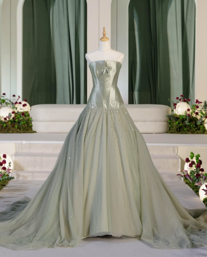 Sage Green Off the Shoulder Beaded Satin Tulle Prom Dress DP4919