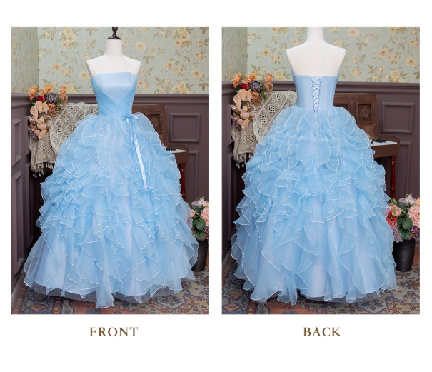 Blue Ball Gown Strapless Ruffle Layered Organza Prom Dress 16th Birthday Dress DP3564